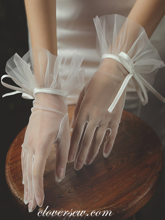 White Tulle Gloves for Bridal Wedding Party, CG0001