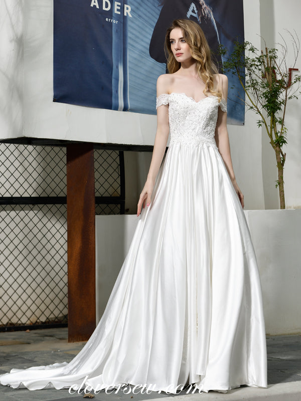 White Bead Lace Satin Off The Shoulder A-line Wedding Dresses, CW0075
