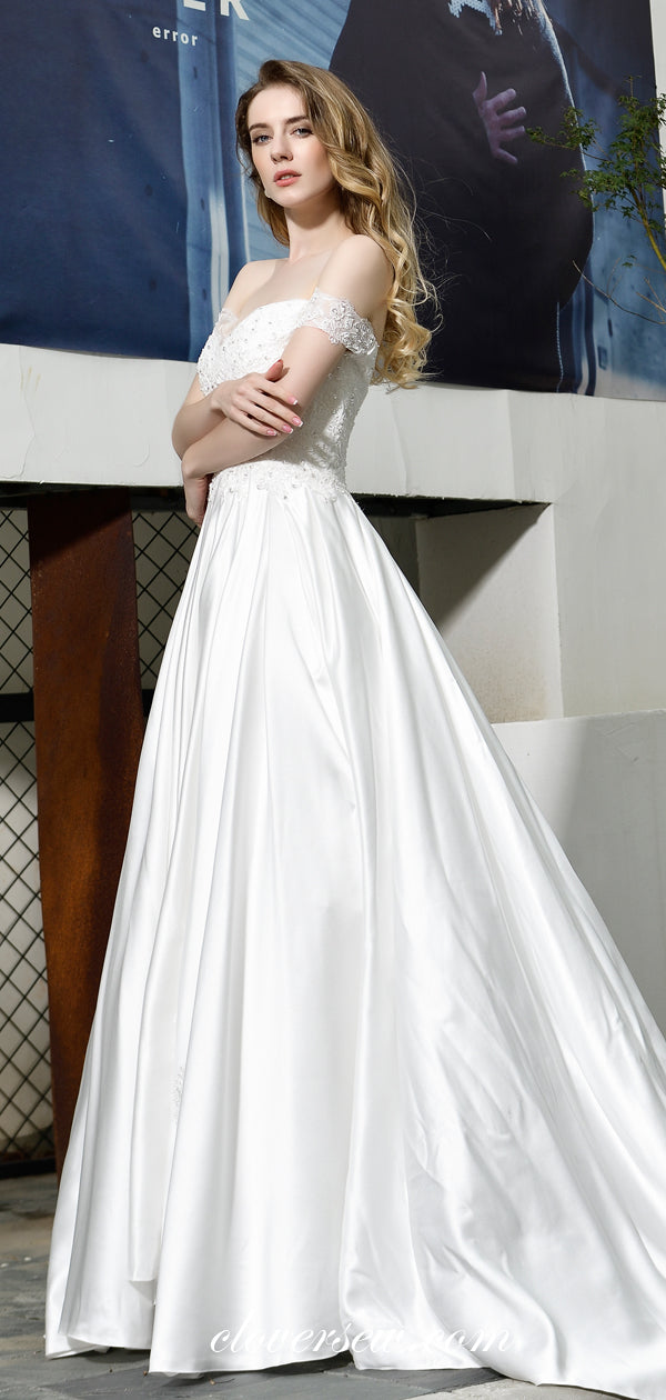 White Bead Lace Satin Off The Shoulder A-line Wedding Dresses, CW0075