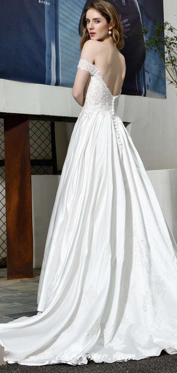 White Bead Lace Satin Off The Shoulder A-line Wedding Dresses, CW0075 clover sew White Bead Lace Satin Off The Shoulder A-line Wedding Dresses, CW0075 clover sew