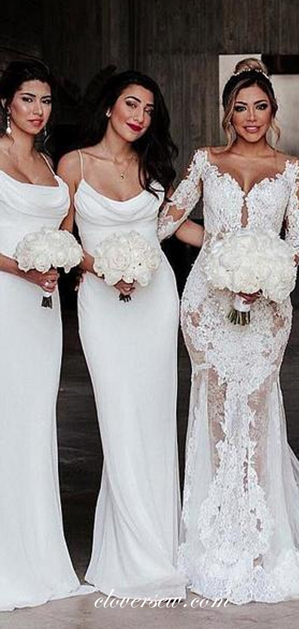 White Chiffon Spaghetti Strap Sheath Bridesmaid Dresses,CB0108