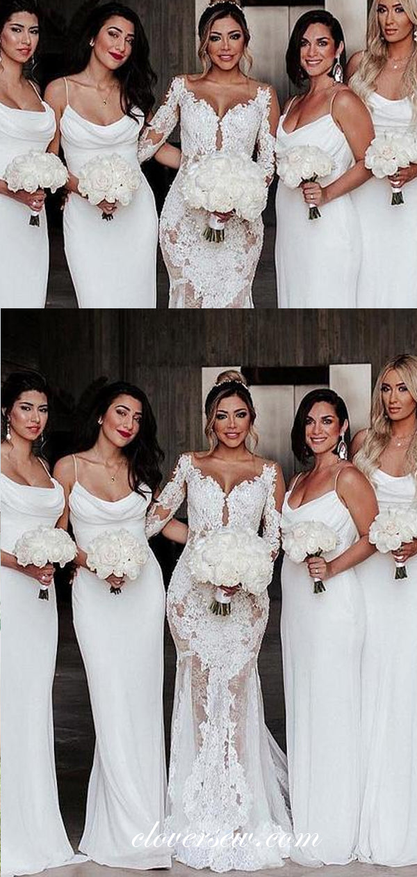 White Chiffon Spaghetti Strap Sheath Bridesmaid Dresses,CB0108