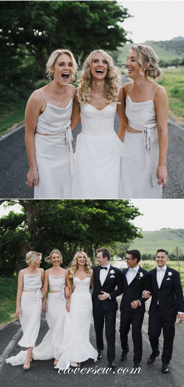 White Elastic Satin Two Piece Spaghetti Strap Column Bridesmaid Dresses, CB0076