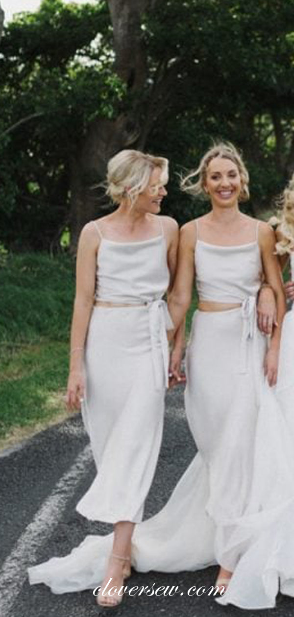 White Elastic Satin Two Piece Spaghetti Strap Column Bridesmaid Dresses, CB0076