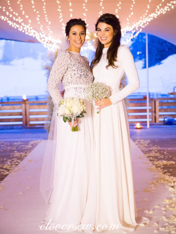 White Jersey Chiffon Long Sleeves A-line Long Bridesmaid Dresses, CB0004 White Jersey Chiffon Long Sleeves A-line Long Bridesmaid Dresses, CB0004