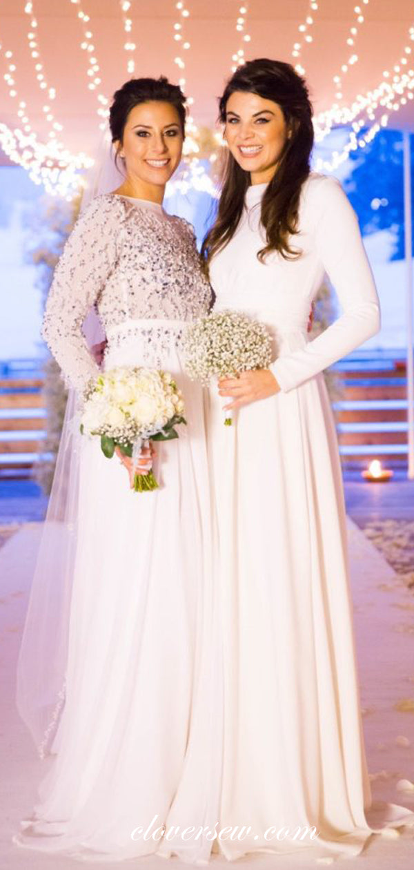White Jersey Chiffon Long Sleeves A-line Long Bridesmaid Dresses, CB0004 White Jersey Chiffon Long Sleeves A-line Long Bridesmaid Dresses, CB0004
