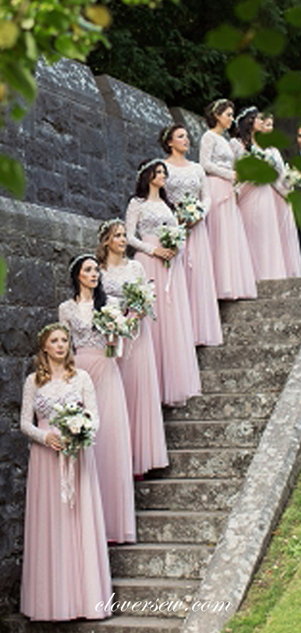 White Lace Pink Tulle Long Sleeves A-line Bridesmaid Dresses, CB0055