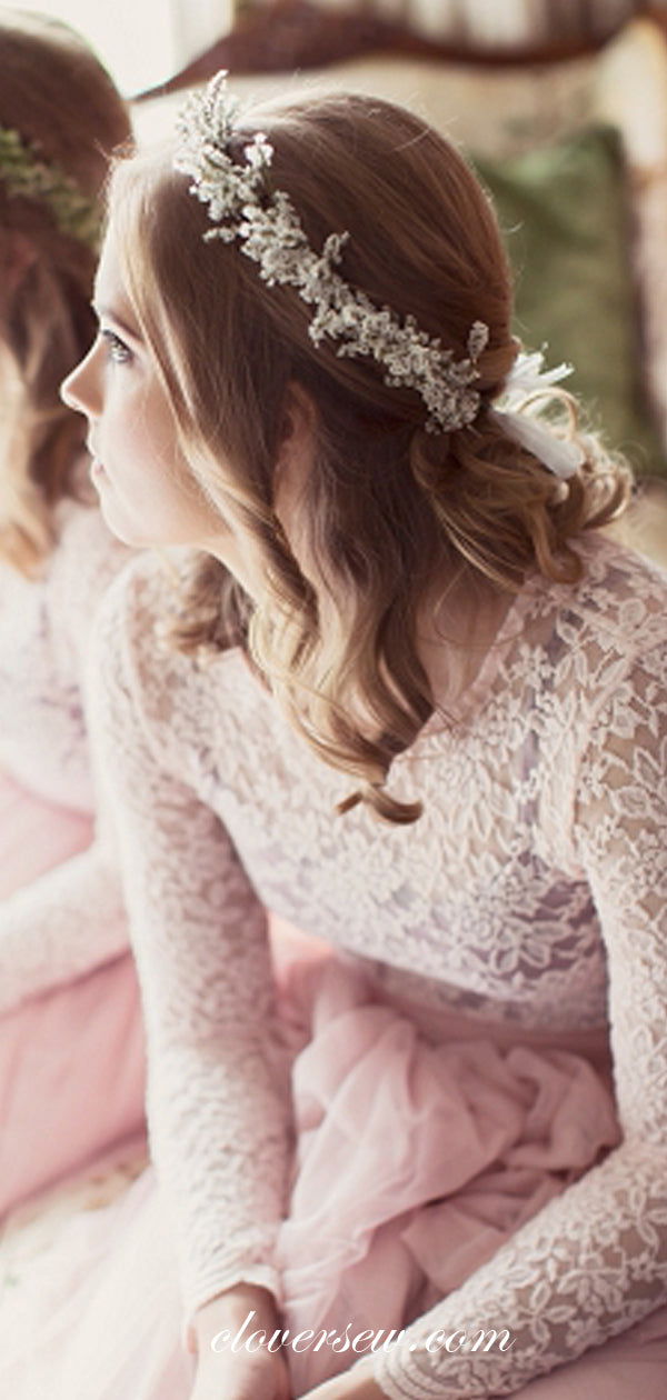 White Lace Pink Tulle Long Sleeves A-line Bridesmaid Dresses, CB0055