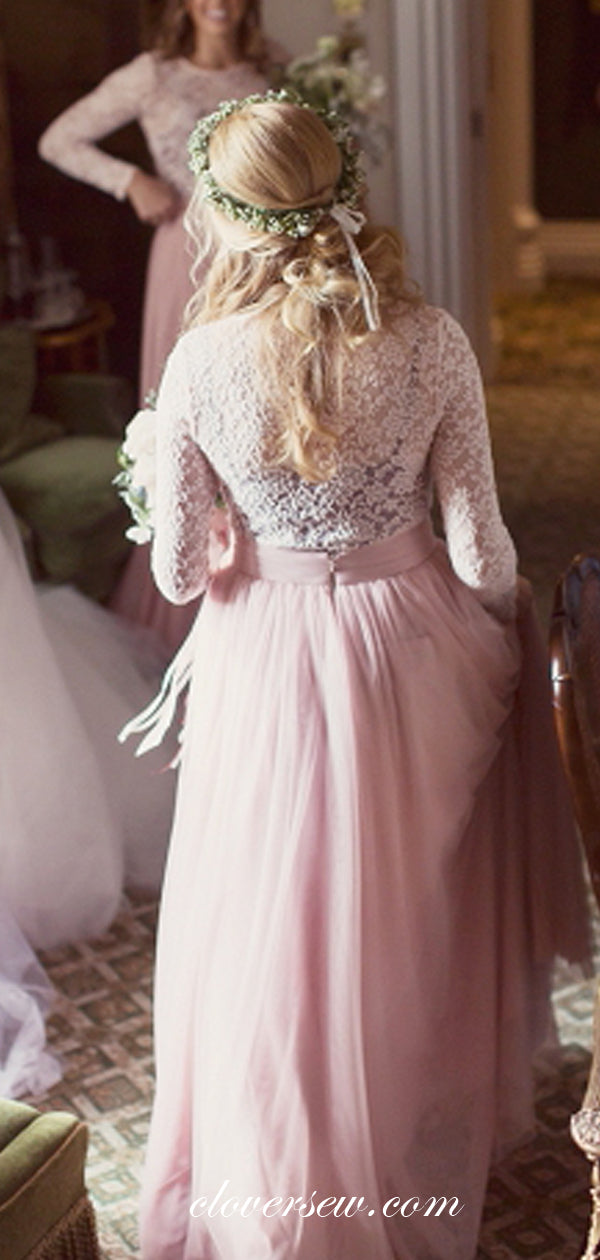White Lace Pink Tulle Long Sleeves A-line Bridesmaid Dresses, CB0055