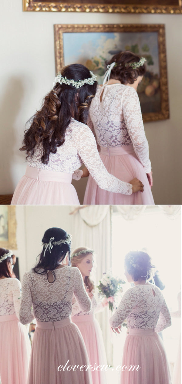 White Lace Pink Tulle Long Sleeves A-line Bridesmaid Dresses, CB0055