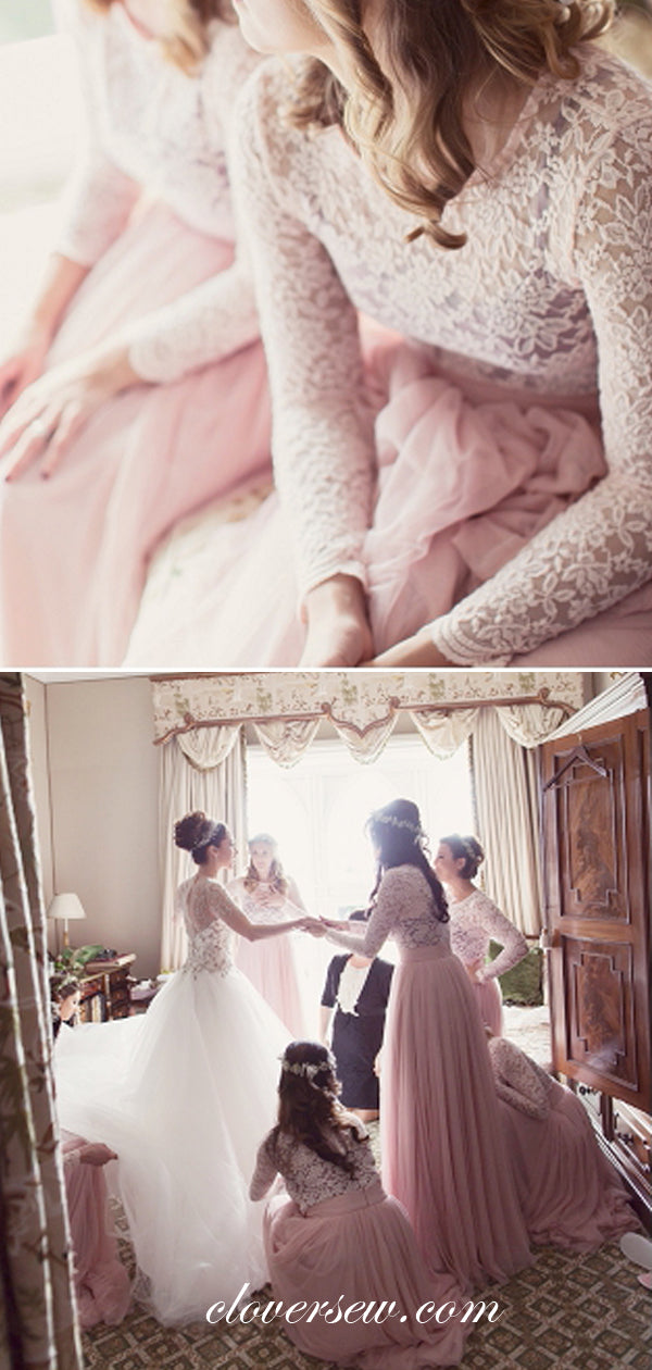 White Lace Pink Tulle Long Sleeves A-line Bridesmaid Dresses, CB0055