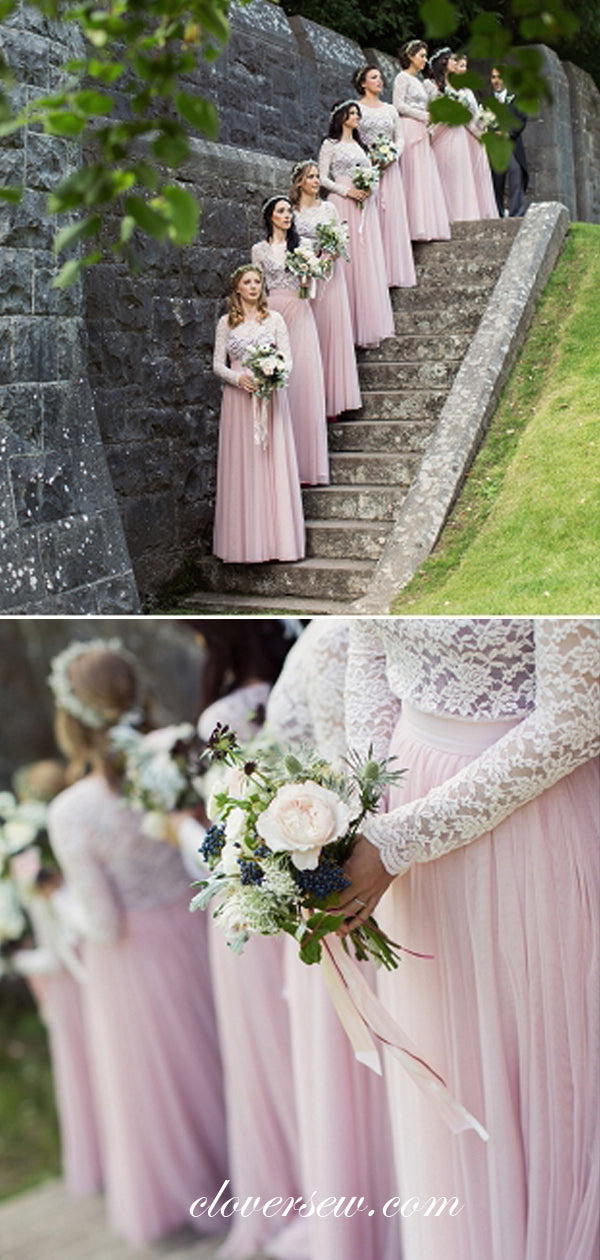 White Lace Pink Tulle Long Sleeves A-line Bridesmaid Dresses, CB0055