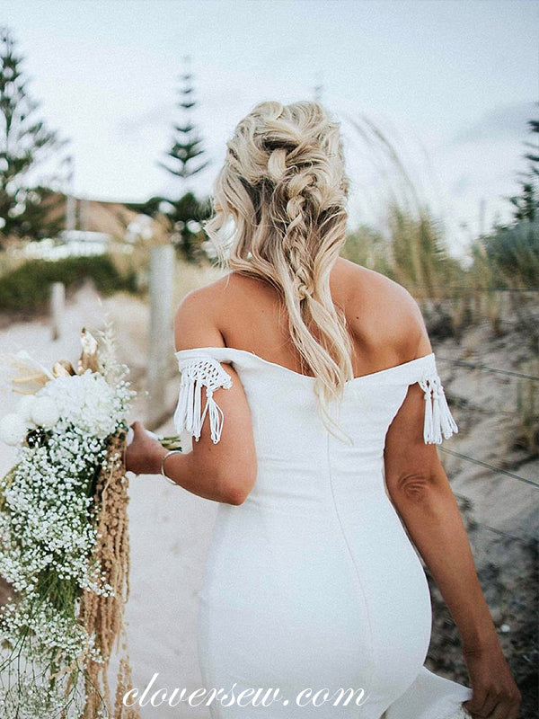 White Off The Shoulder Satin With Tassels Boho Wedding Dresses, CW0018 US10 / As Pic White Off The Shoulder Satin With Tassels Boho Wedding Dresses, CW0018 US10 / As Pic