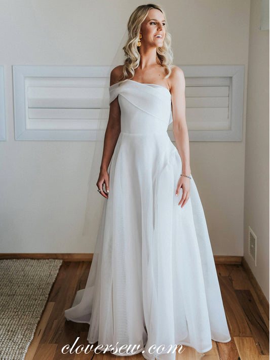 White Organza One Shoulder Off The Shoulder A-line Wedding Dresses , CW0043