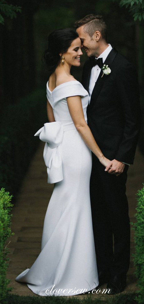 White Satin Off The Shoulder Bowknot Belt Mermaid Wedding Dresses  , CW0040