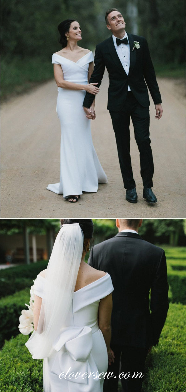 White Satin Off The Shoulder Bowknot Belt Mermaid Wedding Dresses  , CW0040