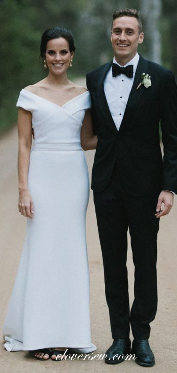 White Satin Off The Shoulder Bowknot Belt Mermaid Wedding Dresses  , CW0040