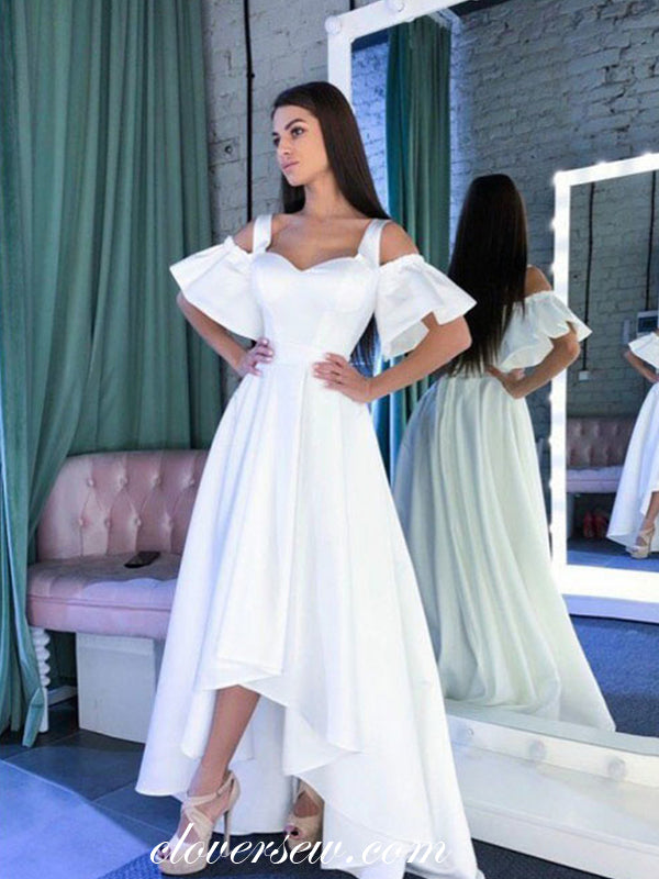 White Satin Off The Shoulder High Low A-line Lovely Wedding Dresses,CW0098