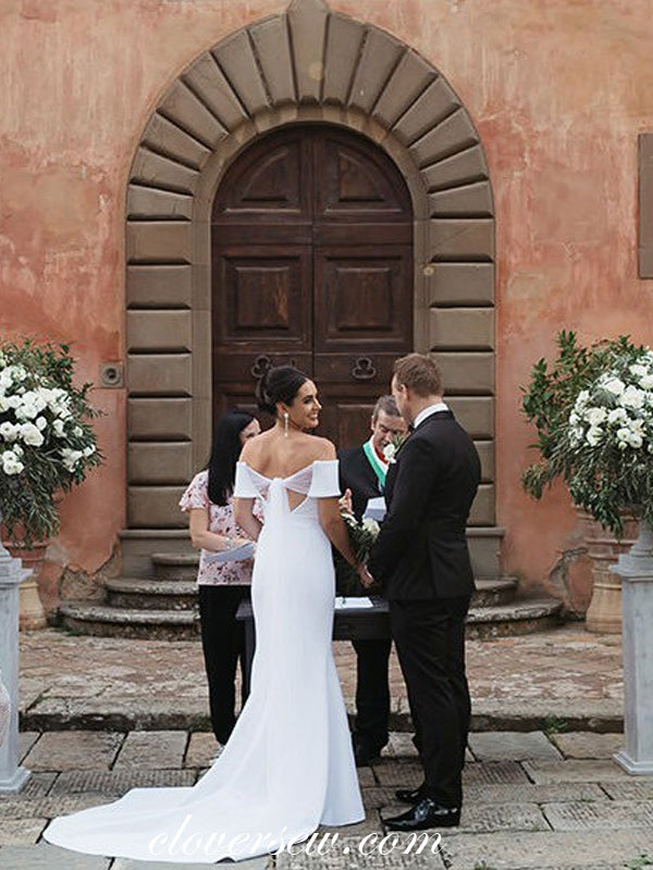 White Satin Off The Shoulder Open Back Mermaid With Train Wedding Dresses, CW0013