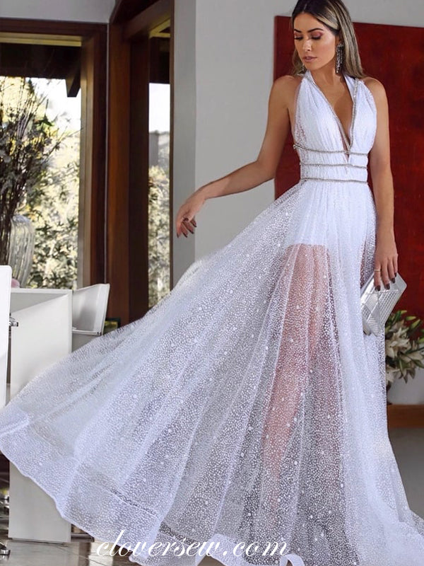 White Sequined Tulle Halter Bead Strap A-line Prom Dresses , CP0260