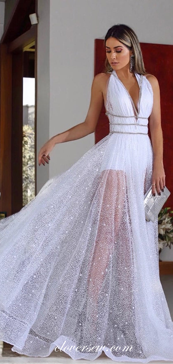 White Sequined Tulle Halter Bead Strap A-line Prom Dresses , CP0260