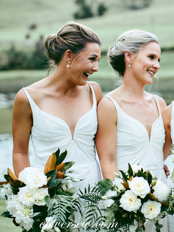 White Sheath Sleeveless Pleating High Low Tea Length Bridesmaid Dresses, CB0018