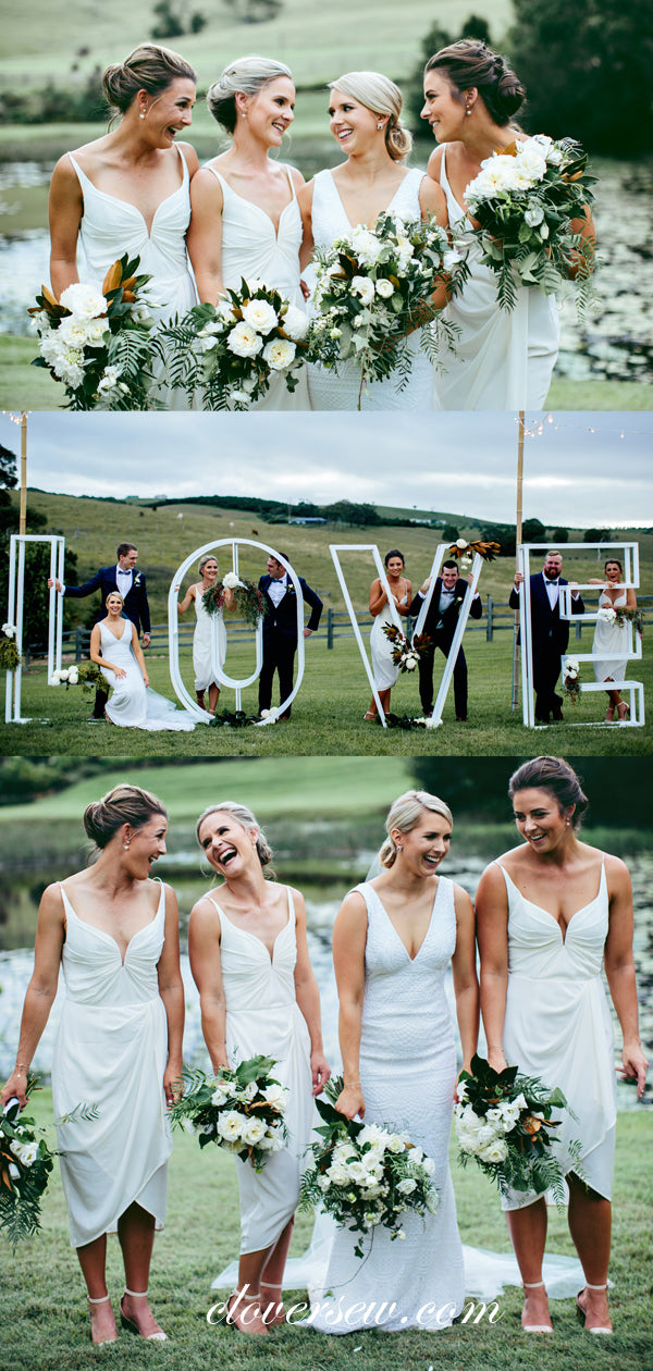 White Sheath Sleeveless Pleating High Low Tea Length Bridesmaid Dresses, CB0018
