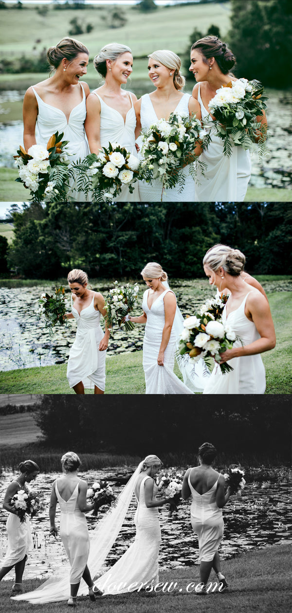 White Sheath Sleeveless Pleating High Low Tea Length Bridesmaid Dresses, CB0018