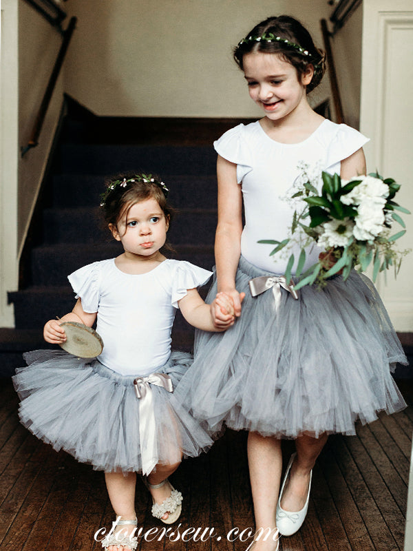 White Top Grey Tulle Two Piece Cap Sleeves Flower Girl Dresses, CF0002