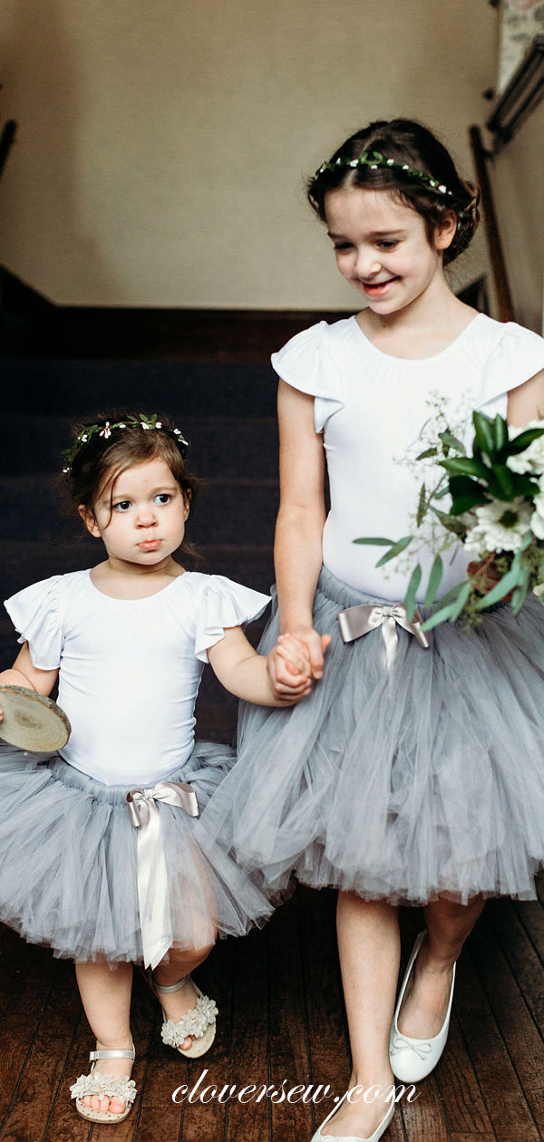 White Top Grey Tulle Two Piece Cap Sleeves Flower Girl Dresses, CF0002