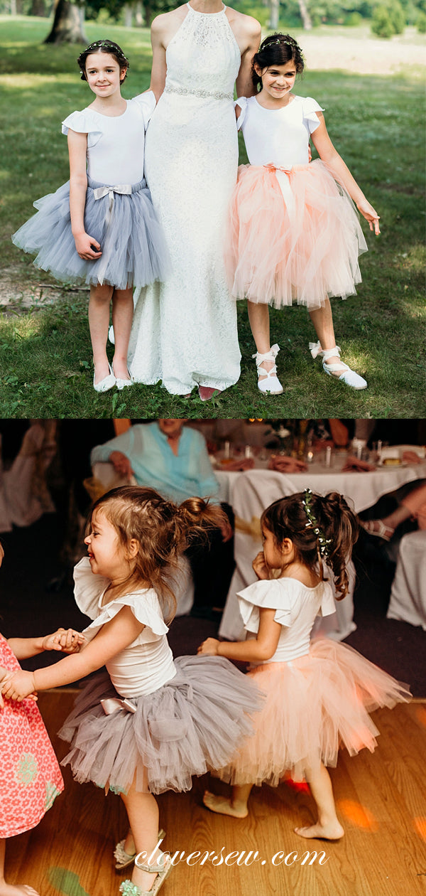 White Top Grey Tulle Two Piece Cap Sleeves Flower Girl Dresses, CF0002