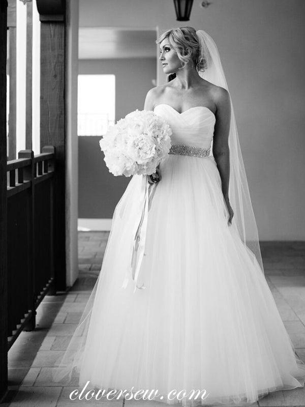 White Tulle Sweetheart Strapless Rhinestone Belt Wedding Dresses,CW0101