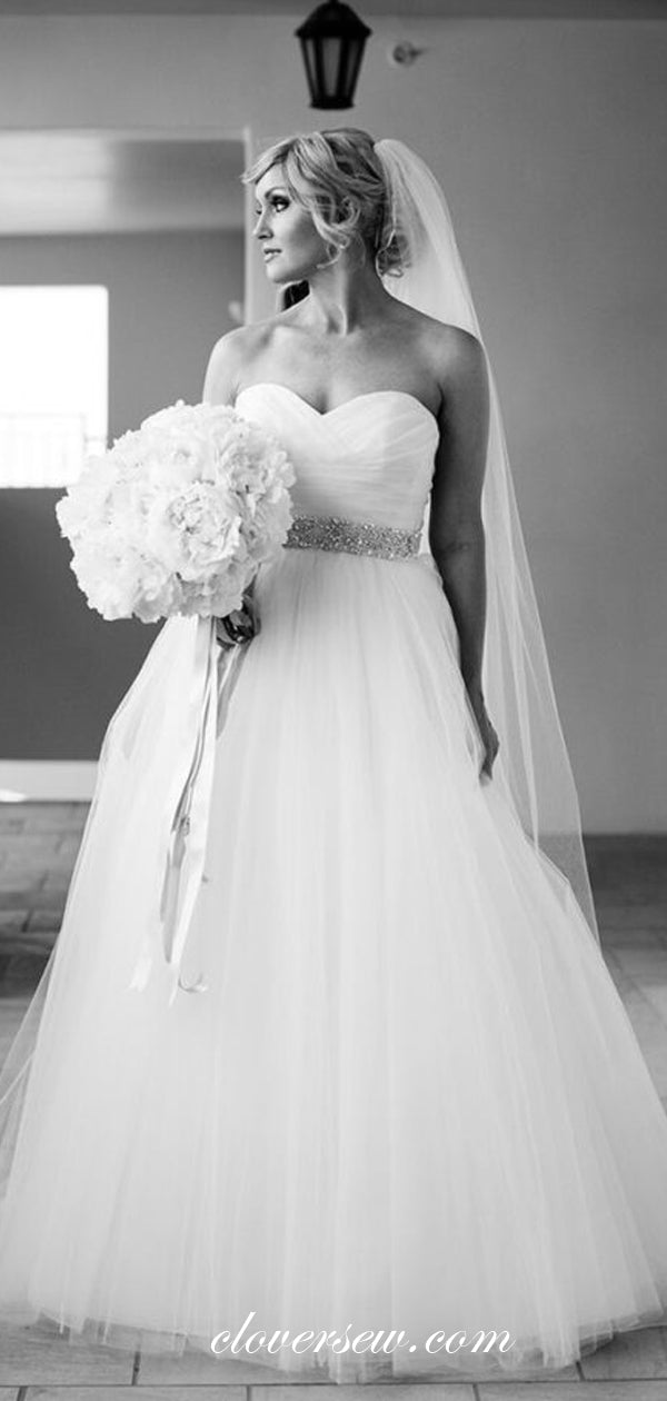 White Tulle Sweetheart Strapless Rhinestone Belt Wedding Dresses,CW0101
