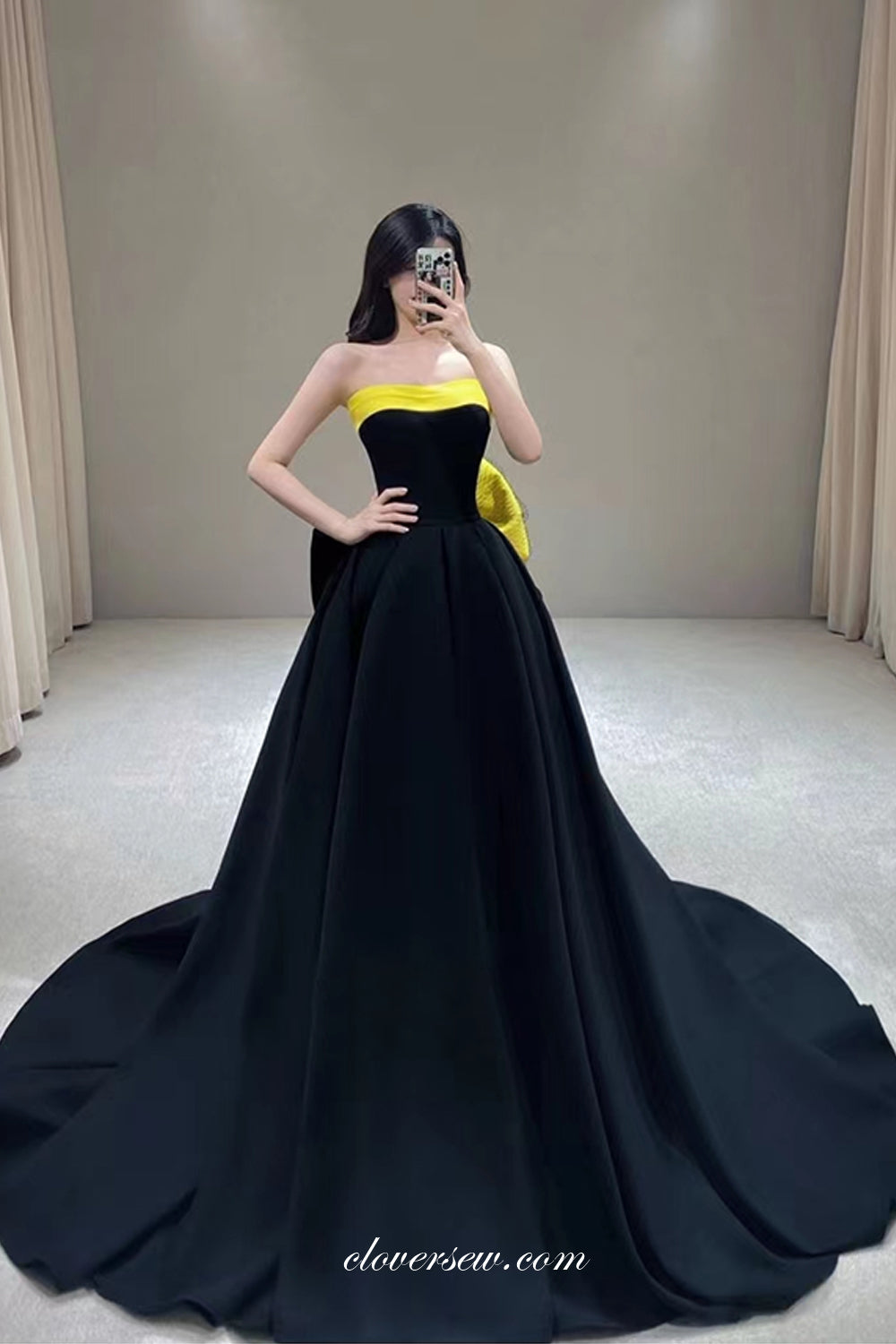 Yellow And Black Strapless With Bowknot Fashion Formal Dresses,CP0823
