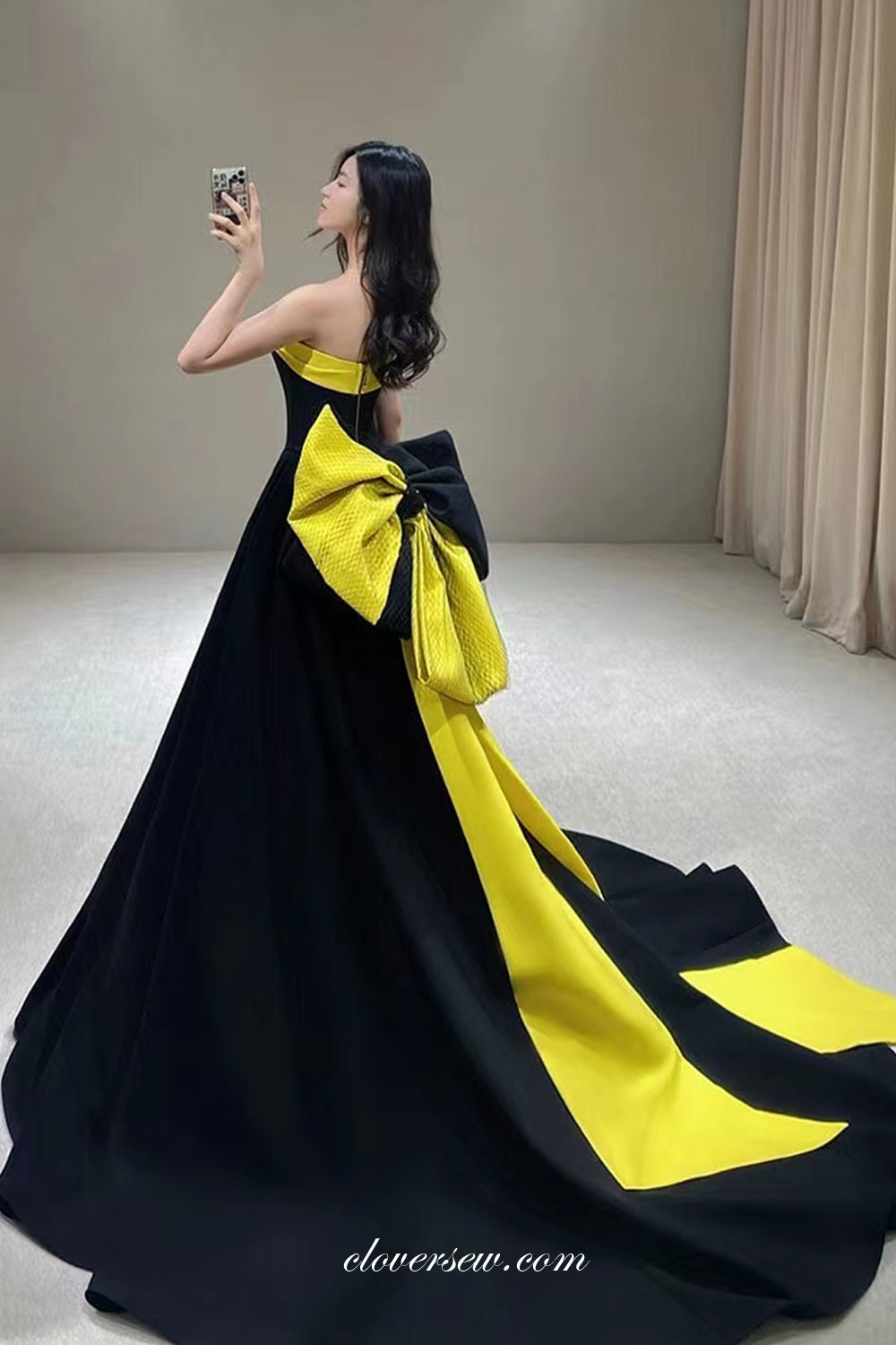 Yellow And Black Strapless With Bowknot Fashion Formal Dresses,CP0823