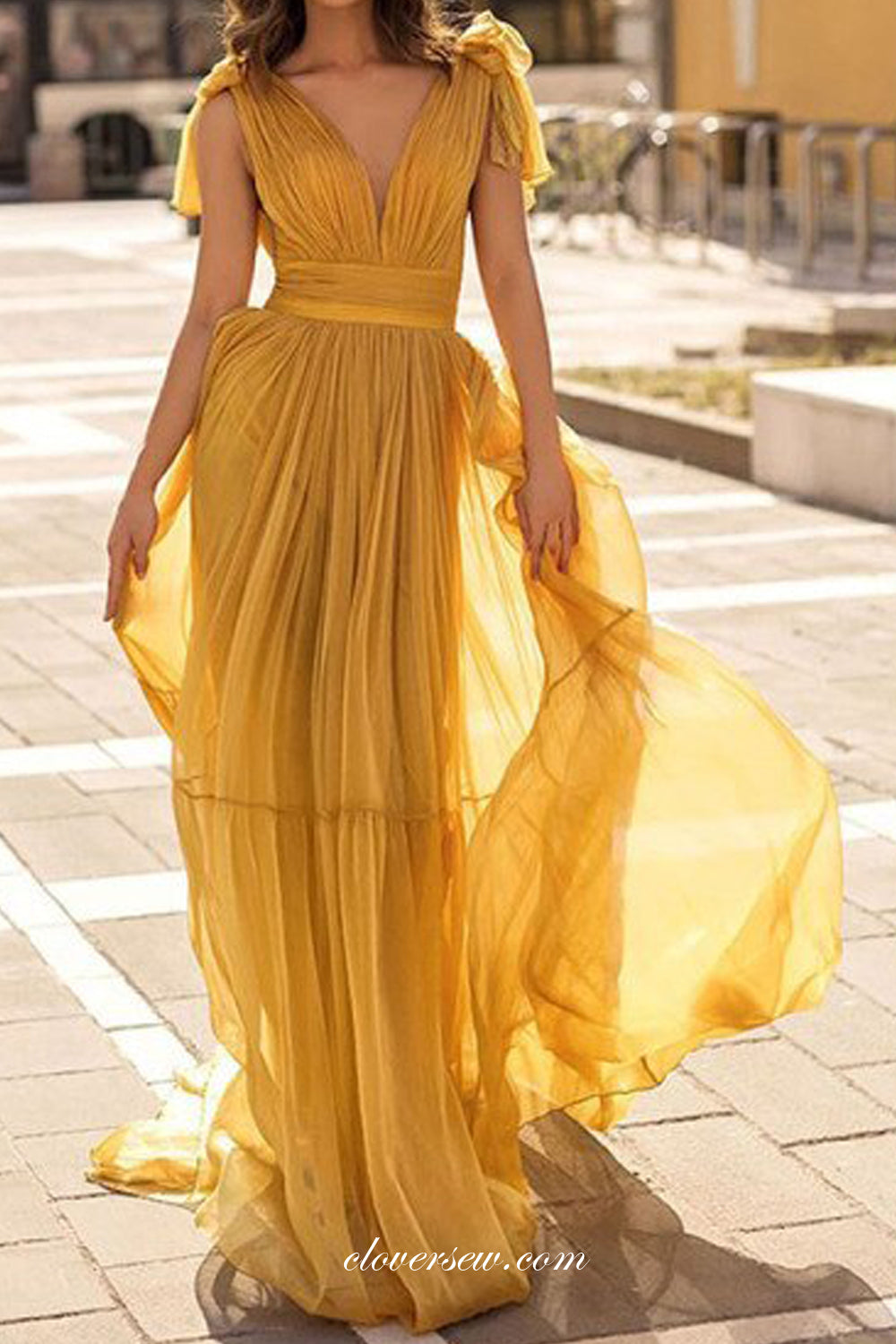 Yellow Chiffon Sleeveless V-neck Charming Flowy Party Dresses, CP0806