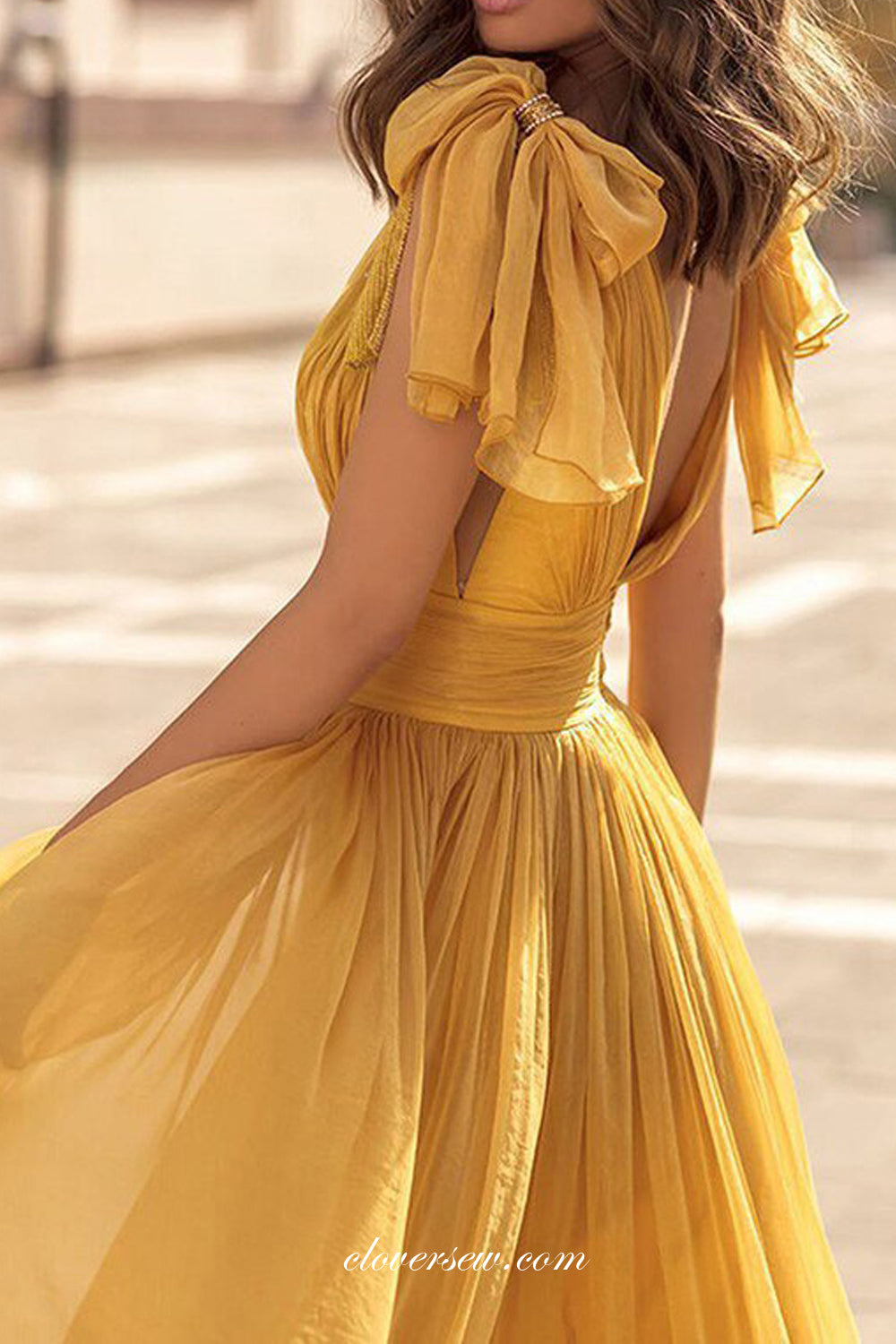 Yellow Chiffon Sleeveless V-neck Charming Flowy Party Dresses, CP0806
