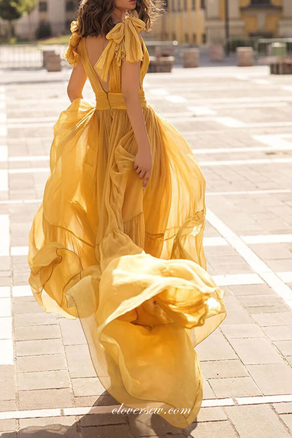 Yellow Chiffon Sleeveless V-neck Charming Flowy Party Dresses, CP0806