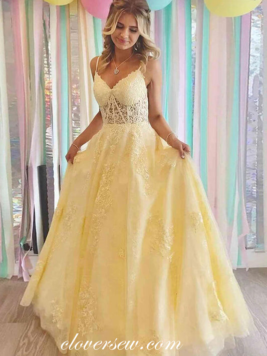 Yellow Lace Spaghetti Strap Lace Up Back A-line Senior Prom Dresses, CP0966