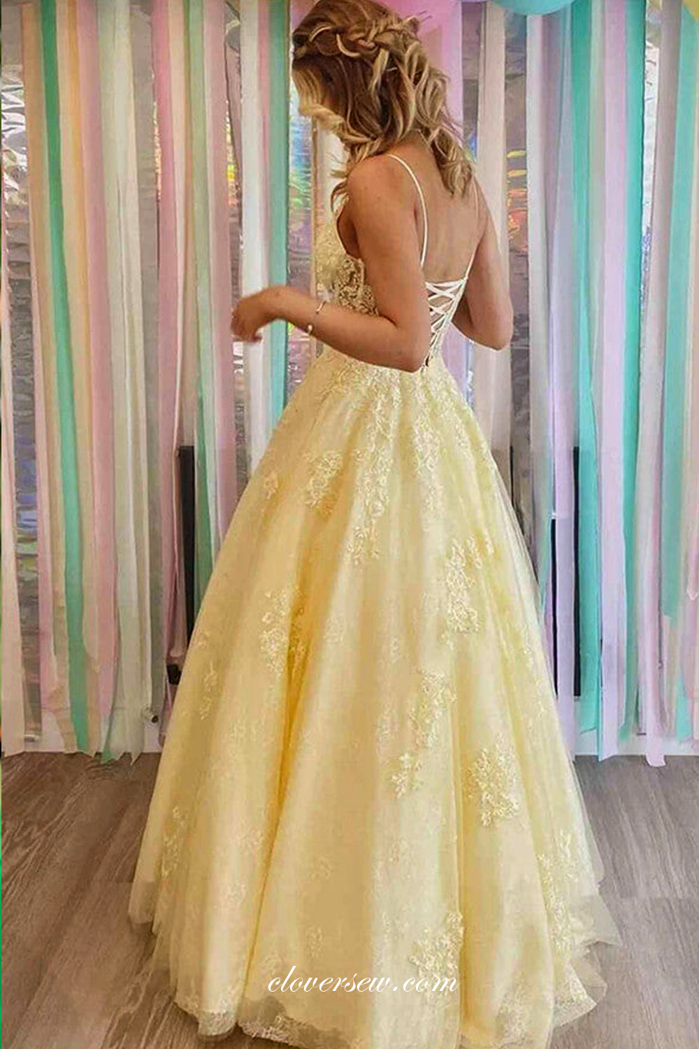 Yellow Lace Spaghetti Strap Lace Up Back A-line Senior Prom Dresses, CP0966