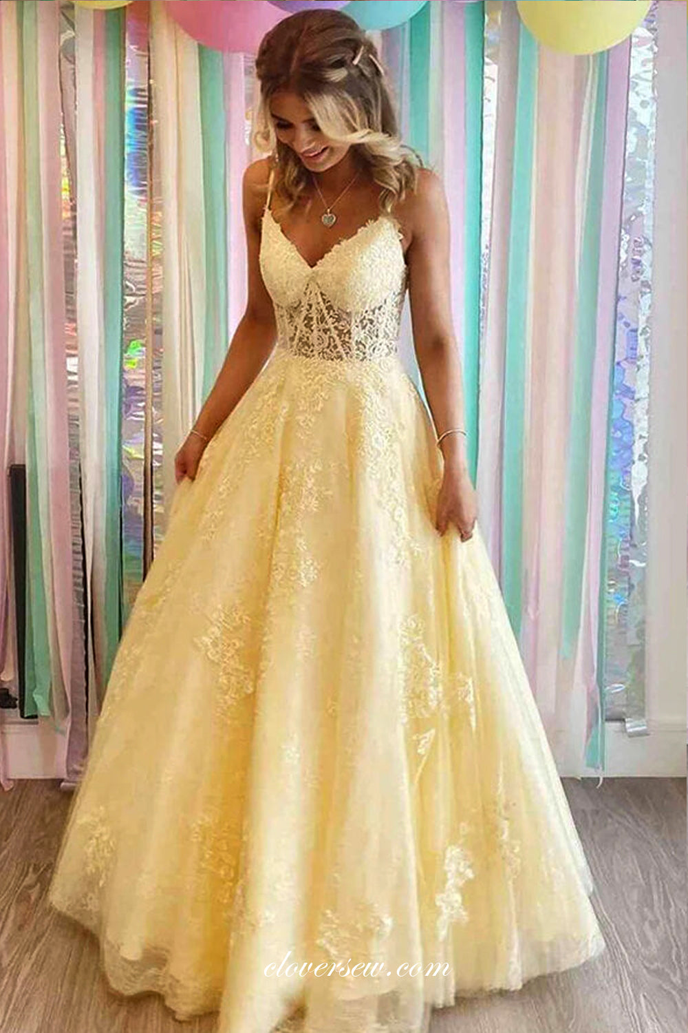 Yellow Lace Spaghetti Strap Lace Up Back A-Line Senior Prom Dresses, CP0966 US12 / As Pic Yellow Lace Spaghetti Strap Lace Up Back A-Line Senior Prom Dresses, CP0966 US12 / As Pic
