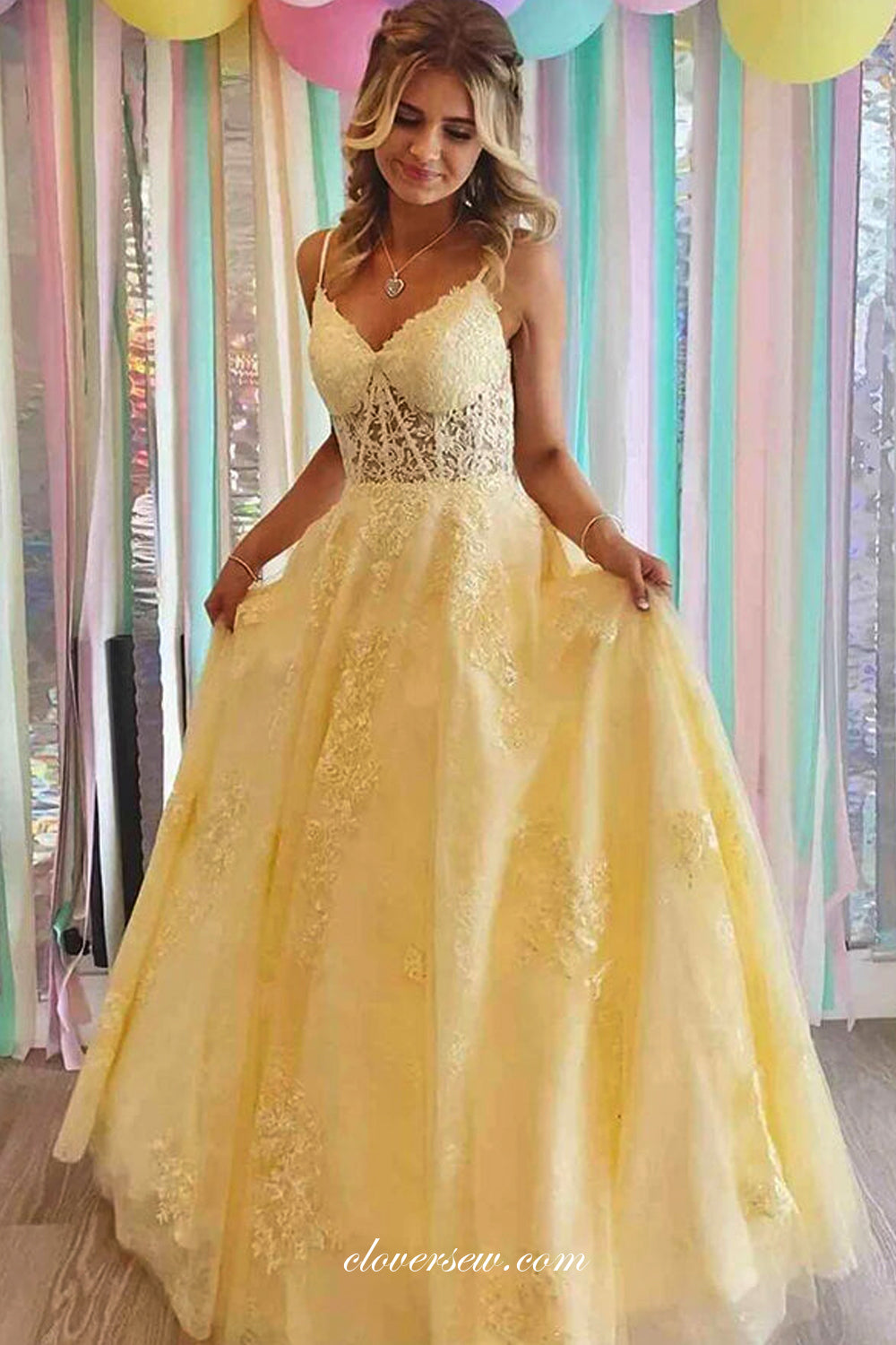 Yellow Lace Spaghetti Strap Lace Up Back A-Line Senior Prom Dresses, CP0966 US12 / As Pic Yellow Lace Spaghetti Strap Lace Up Back A-Line Senior Prom Dresses, CP0966 US12 / As Pic