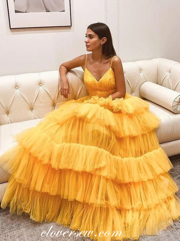 Yellow Pleating Tulle Spaghetti Strap Tiered A-line Prom Dresses, CP0741