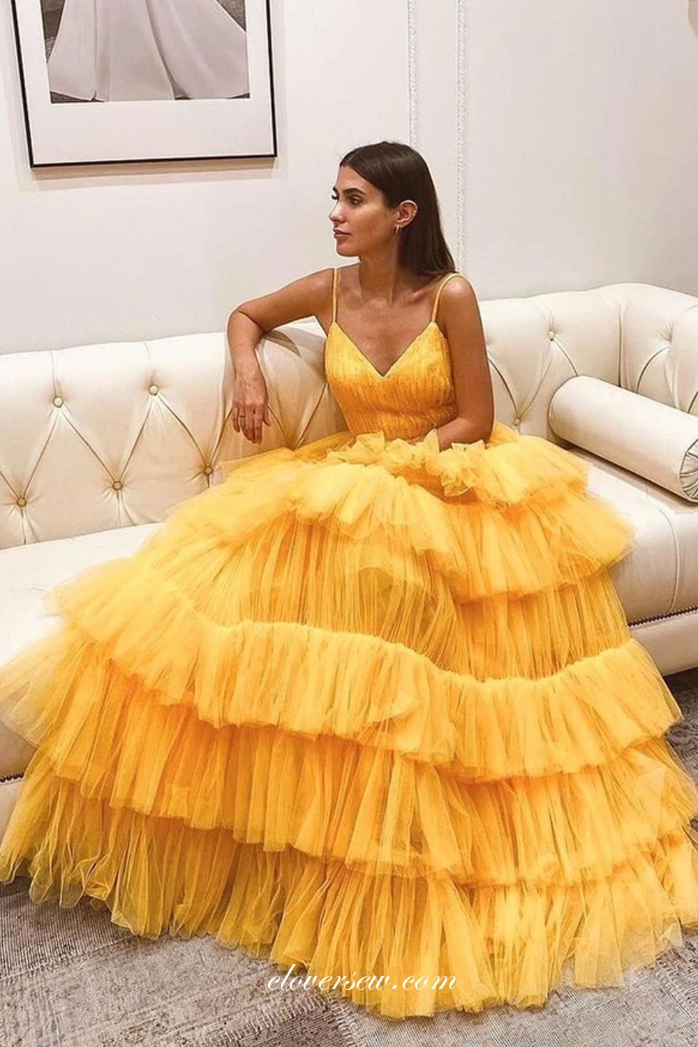 Yellow Pleating Tulle Spaghetti Strap Tiered A-line Prom Dresses, CP0741