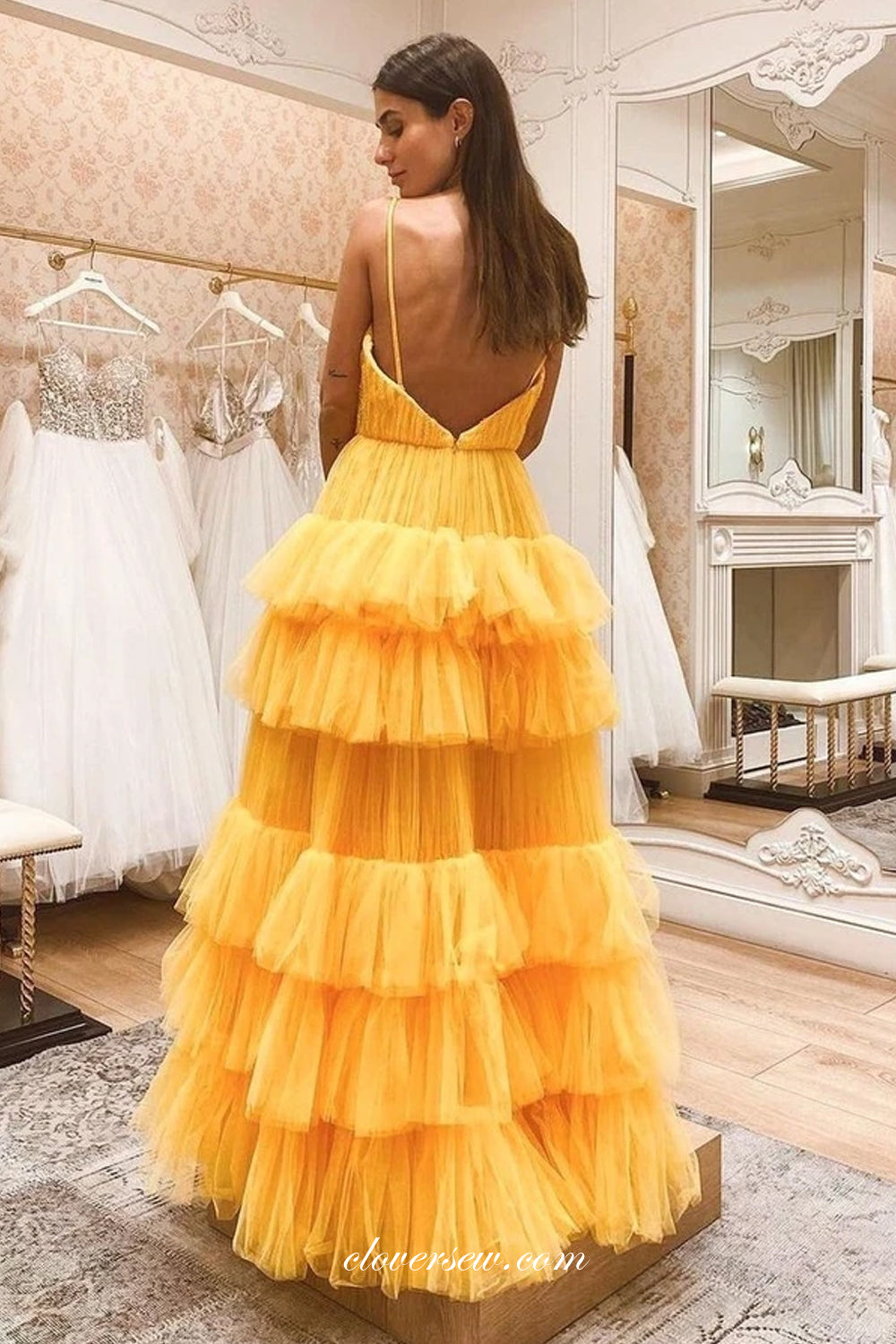 Yellow Pleating Tulle Spaghetti Strap Tiered A-line Prom Dresses, CP0741