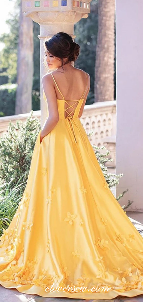 Yellow Satin 3D Applique Spaghetti Strap Lace Up Back Prom Dresses, CP0522