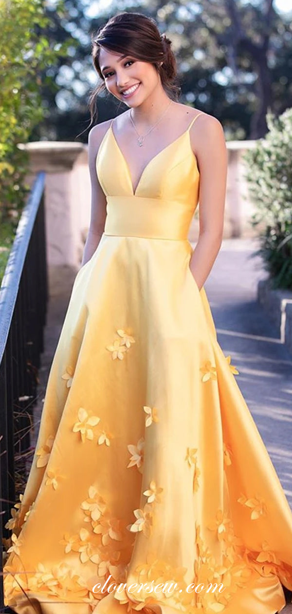 Yellow Satin 3D Applique Spaghetti Strap Lace Up Back Prom Dresses, CP0522