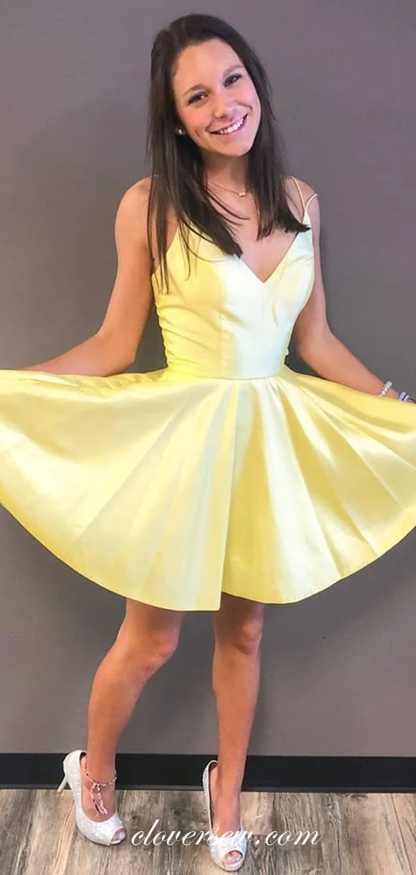 Yellow Satin Spaghetti Strap Short Homecoming Dresses, CH0015