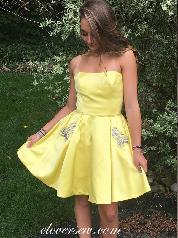 Yellow Satin Strapless Rhinestone Pocket Homecoming Dresses, CH0018 US0 / Pic Royal Yellow Satin Strapless Rhinestone Pocket Homecoming Dresses, CH0018 US0 / Pic Royal