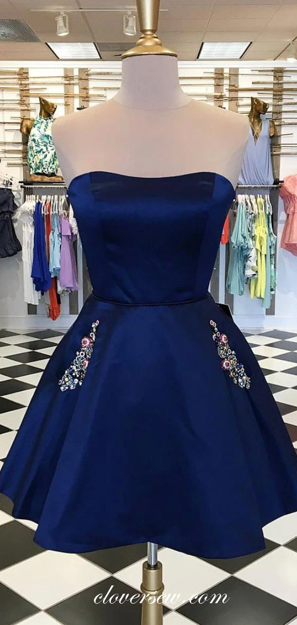 Yellow Satin Strapless Rhinestone Pocket Homecoming Dresses, CH0018